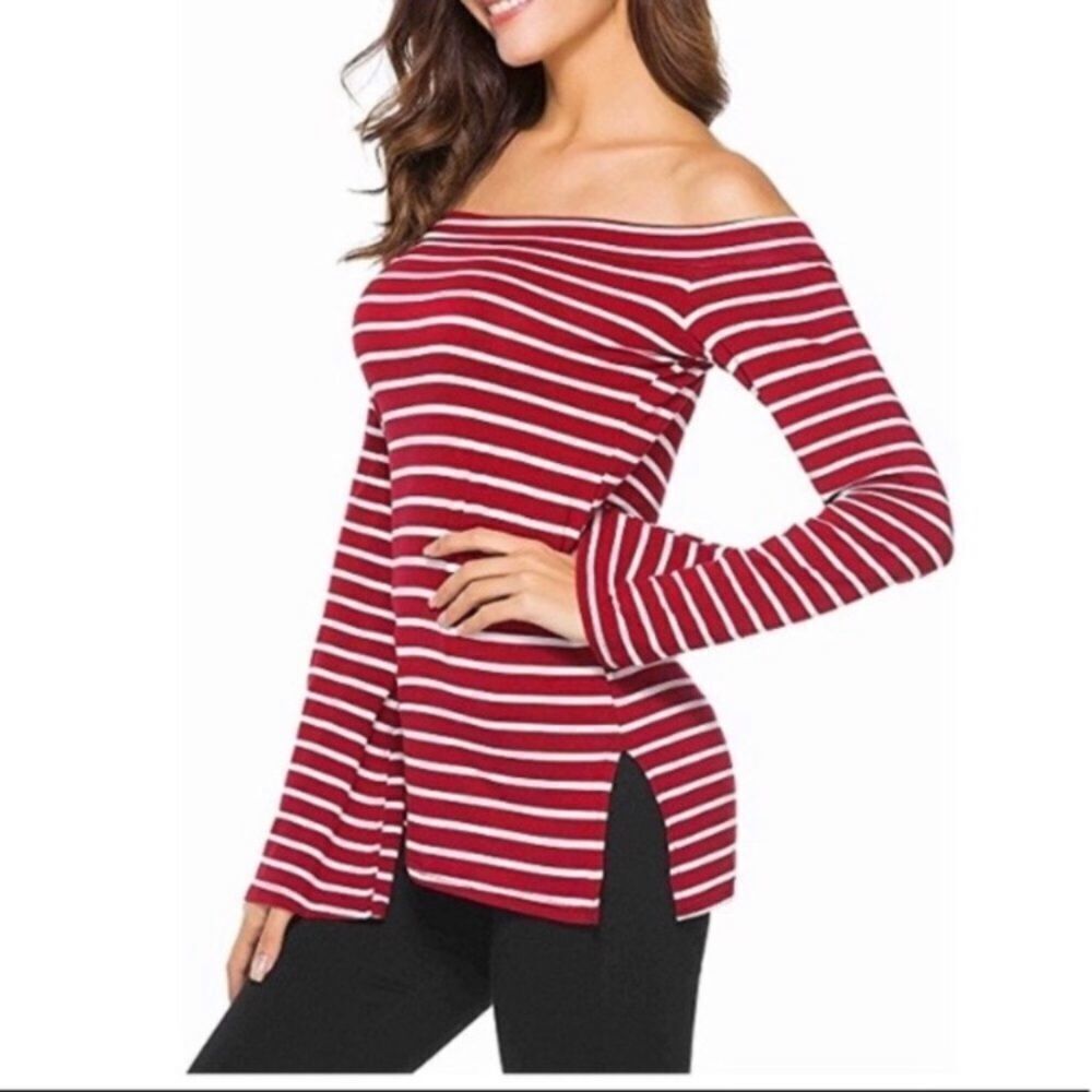ZJCT brand Red and White Striped‎ Boat Neck Shirt